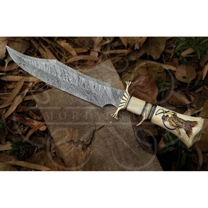 MORTALSAGA Couteau Bowie à lame fixe de survie en plein air, fait main sur mesure, 8 pouces, durable, en acier Damas et acier inoxydable, avec manche en os - Product Image 3