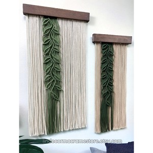 Bohemian Macrame Wall <b>Hanging</b> Foliage Pattern Green <b>White</b> Rectangle Home Decor Living Room Art Piece 2Pcs - Product Image 5