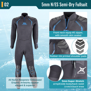 Combinaison semi-étanche professionnelle pour homme 5 mm -YKK # 10 fermetures éclair dorsales et néoprène gaufré, équipement de plongée haut de gamme, fabricant OEM/ODM - Product Image 3