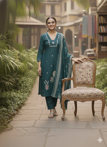 Elegante Conjunto Kurti de Algodón Puro Morphich con Dupatta de Algodón Mul con Estampado a Mano y Trabajo de Espejos Reales - Product Image 3