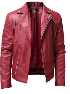 Blouson moto homme en cuir PU rouge, coupe ajustée, fermeture éclair, col rabattable, manches classiques, vêtement d'extérieur pour l'automne - Product Image 1
