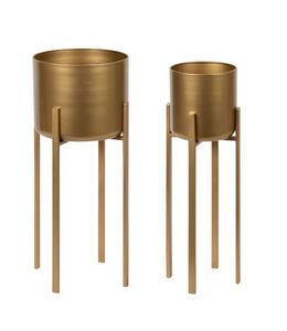 Modern Brass <b>Flower</b> Stands Set of Two Minimalist Design Indoor Planters Circular Pattern Gold Finish - Product Image 1