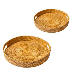 Round Wicker Rattan <b>Basket</b> & Serving <b>Tray</b> Handmade Eco-Friendly Space-Saving Multi-Purpose for Food Drinks & Home Decor - Product Image 1
