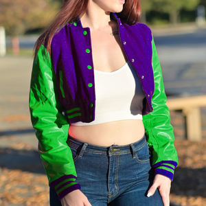 Veste courte universitaire pour femme, bleu marine et vert, style Letterman, manteau bomber avec manches en similicuir, vêtement d'extérieur décontracté, mode féminine - Product Image 2