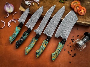 Juego de 5 cuchillos de cocina de acero de Damasco con mangos de resina turquesa - Product Image 5