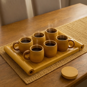 Juego de Tazas con Bandeja de Bambú Estilo Bohemio Ecológico |   Juego de Servir Café y Té Sostenible para Fiestas y Regalos |   Uso en Cafeterías y Hoteles - Product Image 1