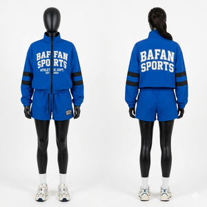 Conjunto Cortavientos para Mujer de Tela Taslan de Poliéster de 120 GSM de Calidad Premium, Diseño de Paneles Azul, Negro y Beige, Logotipo Personalizado Bordado - Product Image 6