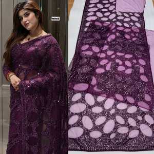 Heavy Sequins Embroidery <b>Butterfly</b> Net Saree Women Unstitched Blouse Piece Wrinkle Free Quick Dry Festive Party Modern Apparel - Product Image 2