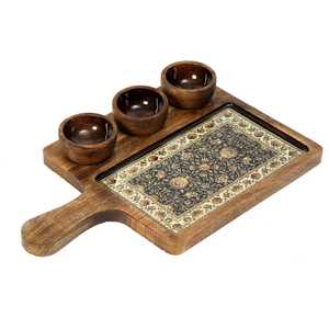 Handmade Wooden <b>Cake</b> <b>Stand</b> with Four Pieces Rectangle Shape Decorative Inlay Design Eco-Friendly Dessert Platter Hand Wash Only - Product Image 1