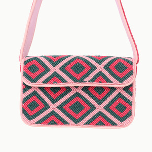 Bohemian Multi Beaded Crossbody Bag With Geometric Embroidery Flap Closure Single Strap Pink <b>Green</b> Women Daily Use - Product Image 2