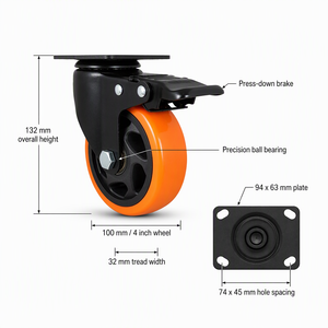 Roue pivotante de 4 pouces en polyuréthane avec frein monté sur plaque, roulement à billes de précision pour mobilier industriel - Product Image 1