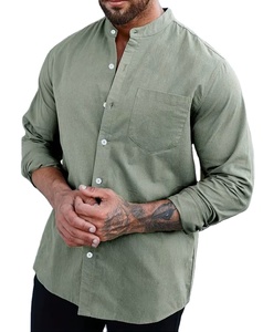 Men's Summer Vacation Casual Long Sleeve Button-<b>Up</b> Stand Collar Solid Color Soft Breathable Fabric Quick Dry Regular Fit Chest - Product Image 5
