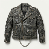 Blouson de motard en cuir gris vieilli pour homme, avec patch brodé motif loup et clous lourds, style punk rock, vêtement d'extérieur moto hiver 480g