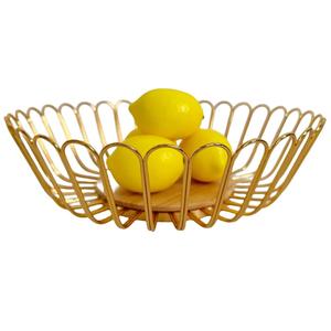 Corbeille à fruits en fil métallique doré avec support en bois, grande corbeille de rangement pour comptoir de cuisine, pour citrons, bananes, oignons - Product Image 1