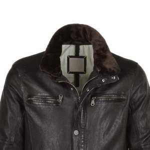 Chaqueta de Cuero Genuino para Hombre con Cuello de Piel Sintética, Estilo Motociclista, Resistente al Viento, Ropa de Invierno, Corte Regular, Cierre de Cremallera - Product Image 3