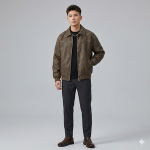 High Street Men's Retro Motorcycle Jacket American Vintage Lapel Design Maillard <b>Stand</b> Leather Canvas Waterproof Breathable <b>Work</b> - Product Image 1