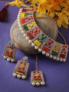 Parure de bijoux plaqué or avec collier long et boucles d'oreilles en alliage, ornée de perles, design temple indien du Sud, pour femme, idéale pour mariage et soirée, bijoux de mode ethniques - Product Image 5