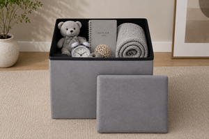 Pouf de rangement pliable moderne en tissu gris cendre pour salon, hôtel, appartement et atelier - Product Image 2