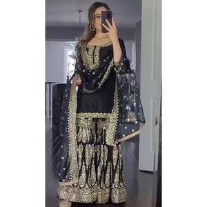 TRENDING GEORGETTE BORDADO SECUENCIA TRABAJO TOP SHARARA CON DUPATTA NEGRO - Product Image 1