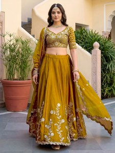 Mustard Yellow <b>Lehenga</b> Choli Embroidered Traditional Indian Outfit Floral Beaded <b>Women</b> Wedding Party Dress - Product Image 1