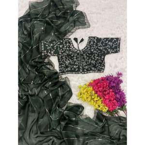 SECUENCIA DE BORDADO DE SECUENCIA DE DISEÑADOR ZARI WORK SAREE CON BLUSA DESCOSADA VERDE - Product Image 1