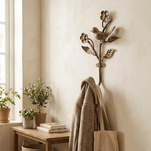 Porte-manteau mural vintage en métal motif oiseau et fleur, résistant à la rouille, pour entrée ou salle de bain - Product Image 1