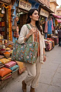 Bolso Tote Acolchado Étnico con Estampado Floral The Mountain Boy, Estilo Cuatro Estaciones, Diseño de Asa con Patrón Verde y Naranja - Product Image 5
