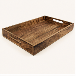 Bandeja de servir hecha a mano de madera de mango premium, rectangular grande, estilo rústico, con asas recortadas, para desayuno, café y mesa. - Product Image 1