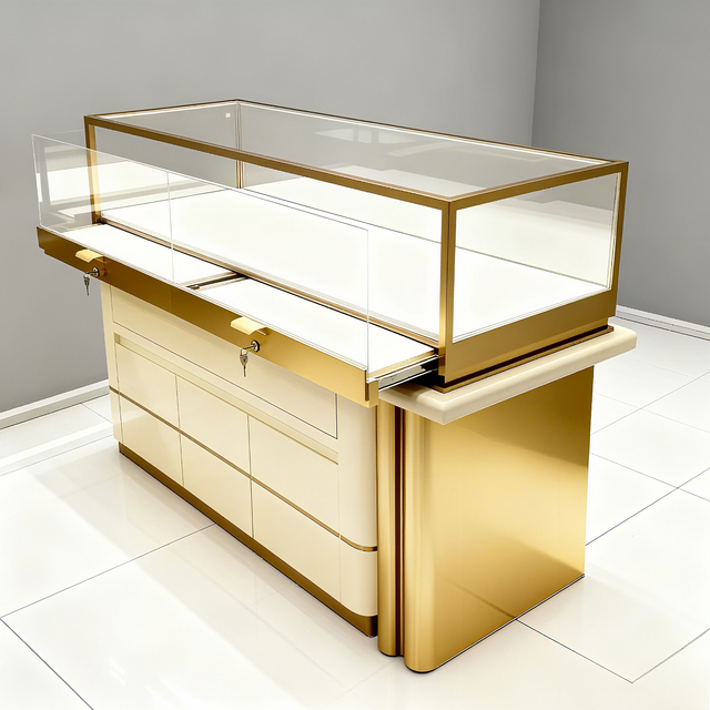 Led Lighting White Gold Jewelry Shop Display Cabinet Modern Mdf Jewelry Showcase Display Cabinet for Shopping Mall