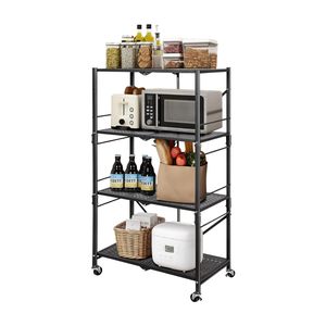 Étagère de rangement de cuisine pliable à 4 niveaux avec roulettes |   Chariot métallique robuste avec étagère mobile (noir) - Product Image 5