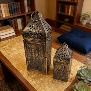 Refined <b>Bronze</b> Moroccan Lantern Set with Intricate Floral Metal Cutwork <b>Candle</b> <b>Holders</b> for Ramadan Wedding Home Decor - Product Image 2