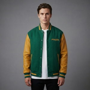 Men's Green Wool <b>Jacket</b> Golden Leather Sleeves Custom Logo Rib Collar Cuffs Snap Front Premium Streetwear Bomber Outerwear Style - Product Image 1