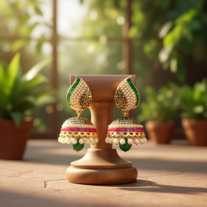 Vintage Gold Plated Pearl Drop Jhumka Earrings Ethnic Religious Design - Product Image 3