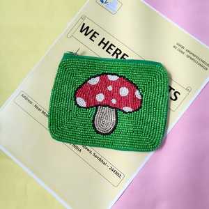 Handmade Beaded Mushroom <b>Coin</b> <b>Purse</b> Green Pouch Zipper Wallet Boho Mini Clutch Bag Cute Embroidery Makeup Chain Strap - Product Image 5