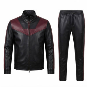 Streetwear Leather Tracksuit For Men With Long Sleeve <b>Zip</b> Jacket And Matching <b>Trousers</b> Contemporary Casual Outfit - Product Image 1