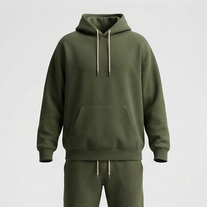 Survêtement unisexe vert olive à capuche, longueur intégrale, couleur unie, en coton, décontracté, avec cordon de serrage et poches latérales - Product Image 1