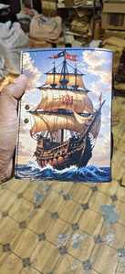 NEW ERA Carnet à couverture rigide en cuir, impression UV vintage effet aquarelle, reliure cousue, motif bateau pirate, bleu, 100 feuilles, cadeau - Product Image 5