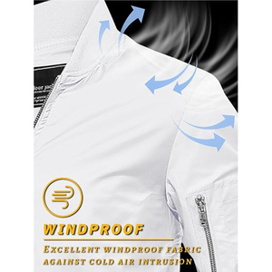 เสื้อแจ็คเก็ตบอมเบอร์สีขาวสำหรับผู้ชาย คอตั้ง ปิดด้วยซิป สไตล์ลำลอง ผลิตจากโพลีเอสเตอร์ เหมาะสำหรับใส่ในฤดูใบไม้ร่วง ทรงปกติ สีพื้น - Product Image 5