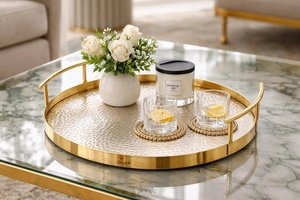 Round Champagne Gold Metal <b>Storage</b> <b>Tray</b> With Hammered Aluminum Surface And Polished Steel Rim For Table Use - Product Image 2