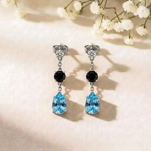 Natural Sky Blue Topaz Pear Drop Earrings With <b>Black</b> Obsidian Oval CZ Accent Handmade Gemstone Jewelry Gift For Her - Product Image 5