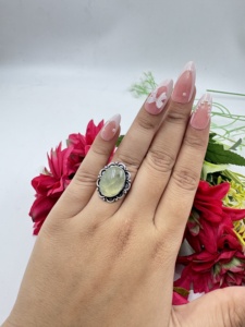 Natural Prehnite Oval Silver Plated <b>Statement</b> <b>Ring</b> Handmade Vintage Floral Gemstone <b>Ring</b> for Women - Product Image 5
