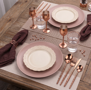 Modern Luxury Copper Finish Cutlery <b>Set</b> Round Spoon Fork Knife Dishwasher Safe Durable Metal <b>Dinnerware</b> Kit - Product Image 1
