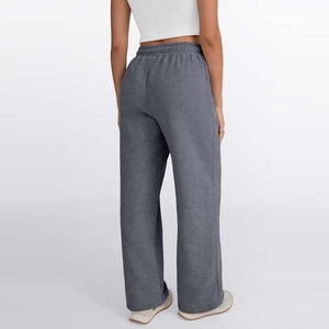 Knitted Cotton Loose Fit Autumn Wear Women's High Waist Wide Leg Drawstring Casual <b>Pants</b> Solid Gray Full Length Trousers - Product Image 2