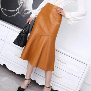 Jupe midi sirène en cuir pour femme, couleur unie, taille haute, design trompette brillant, à porter toute l'année - Product Image 2