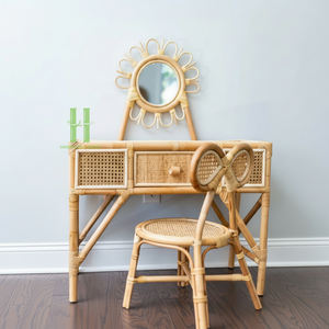 HNH CRAFT HNH 26008 Modern Oval Rattan Kids' <b>Vanity</b> <b>Table</b> Set with <b>Mirror</b> & Stool-Eco-Friendly Durable Safe School Use - Product Image 1