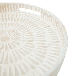 White Mother of Pearl Inlay <b>Tray</b>, <b>Round</b> Serving & Coffee <b>Table</b> <b>Tray</b>, Sunburst Shell Pattern, Handmade Coastal Home Decor - Product Image 3