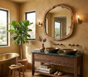 Miroir de salle de bain rustique en bois organique, pièce décorative artisanale de luxe pour vanité murale - Product Image 1
