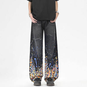 Jean large pour homme grande taille, taille mi-haute, motif peint à la main effet gouttelettes, coupe ample, 100% coton, pantalon décontracté - Product Image 1