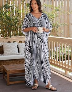 V Neck Maxi Abaya <b>Dress</b> Short Sleeve <b>Loose</b> Fit Asymmetrical Hem Random Print Women's Summer Beach Wear Polyester Modest Style - Product Image 5