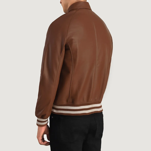 <b>Men's</b> Black and Brown <b>Leather</b> Bomber <b>Jacket</b> Turn-down Collar Zipper Closure Regular Fit Autumn Wear - Product Image 6